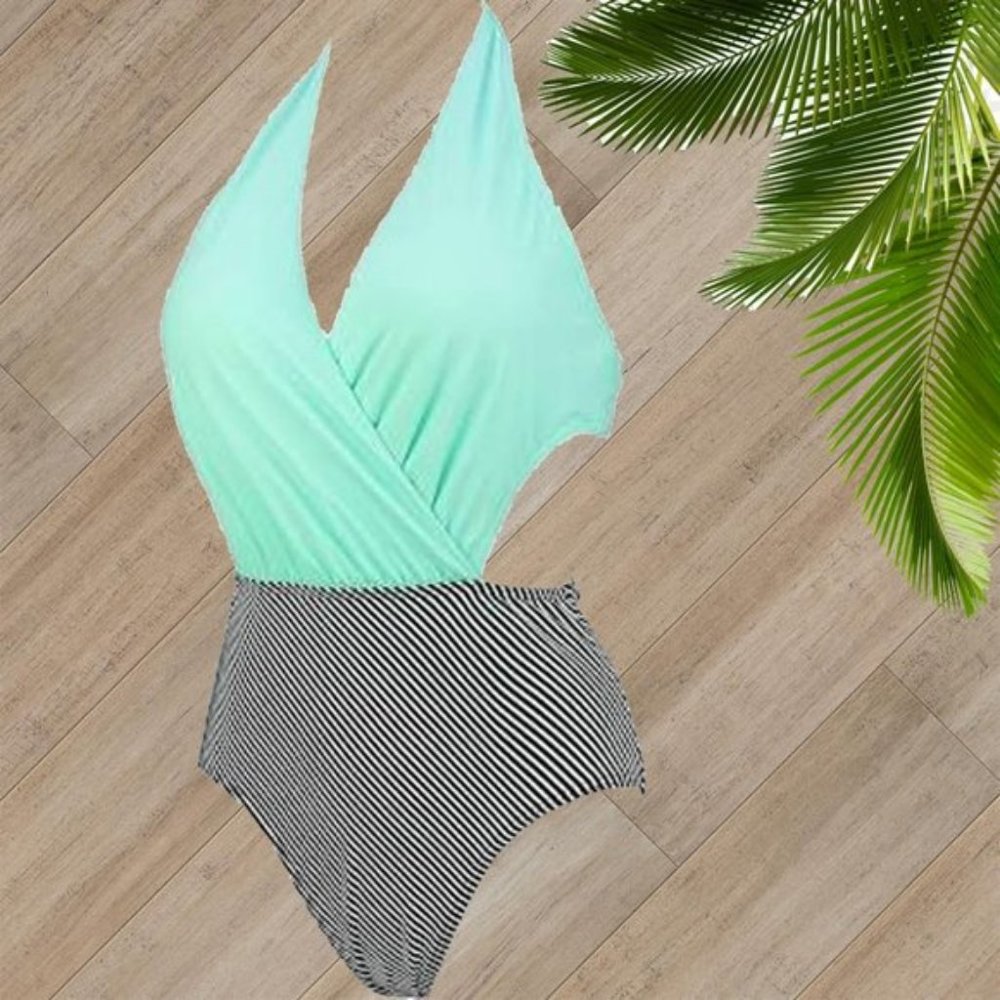 COCOSHIP GREEN/ STRIPED CUT OUT HALTER ONE PIECE SWIMSUIT